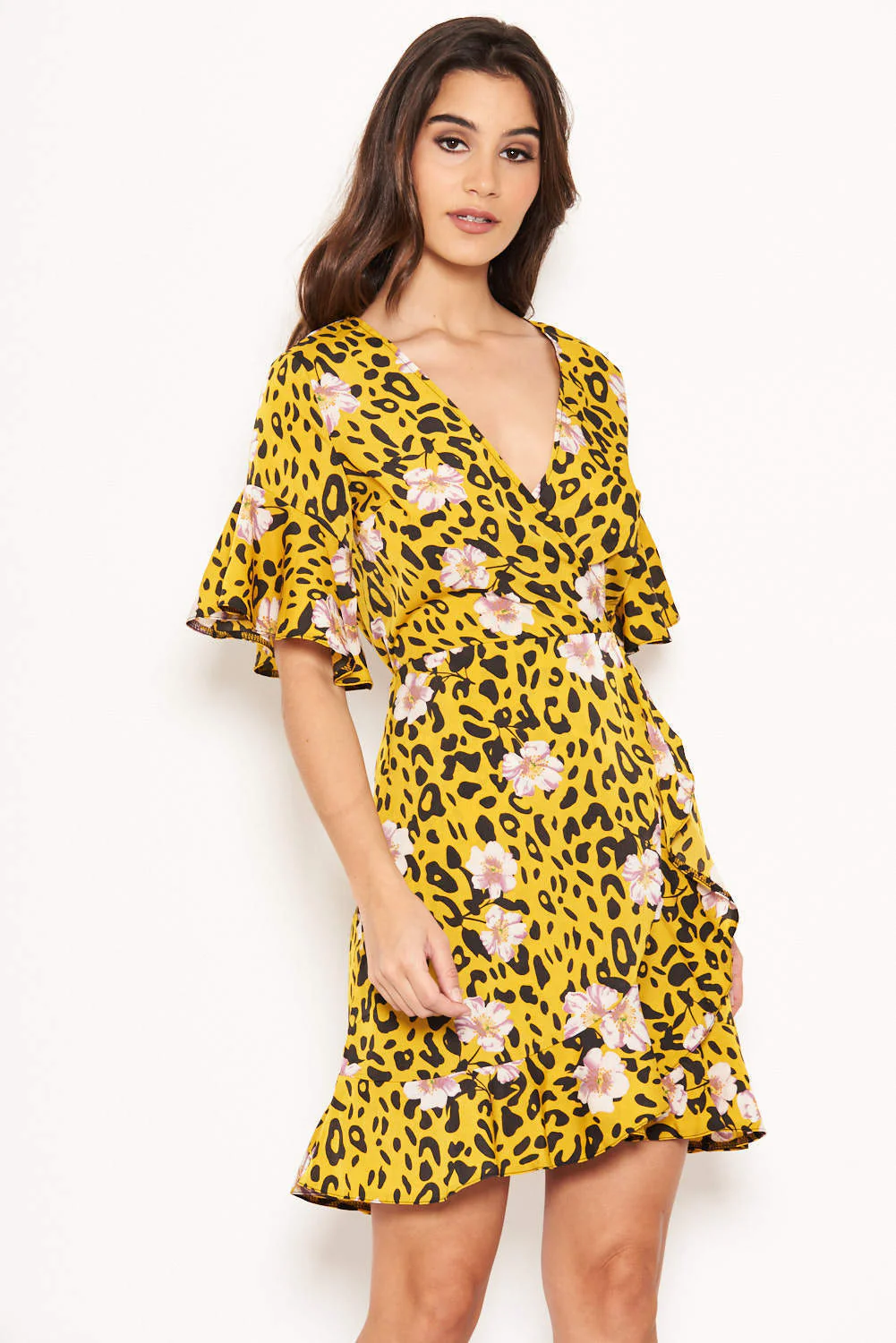 Yellow Animal Print Dress With Floral Detail - Image 4