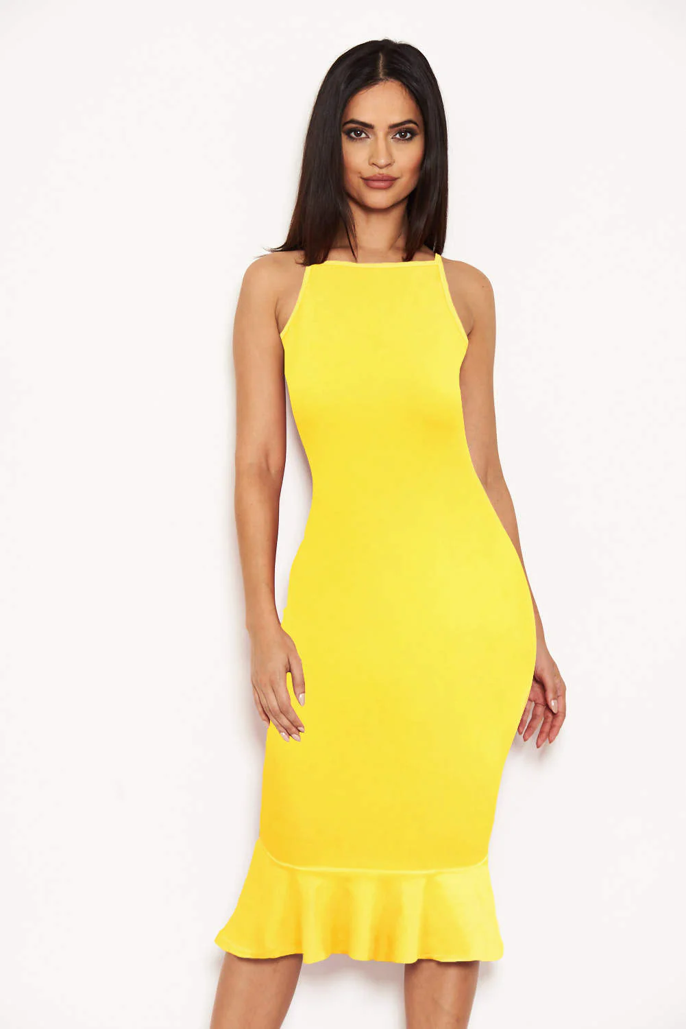 Yellow Bodycon Midi Dress With Frill Hem - Image 2