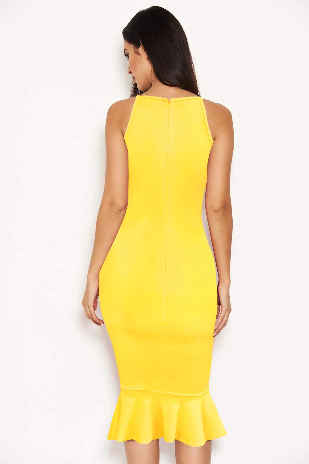 Yellow Bodycon Midi Dress With Frill Hem - Image 3
