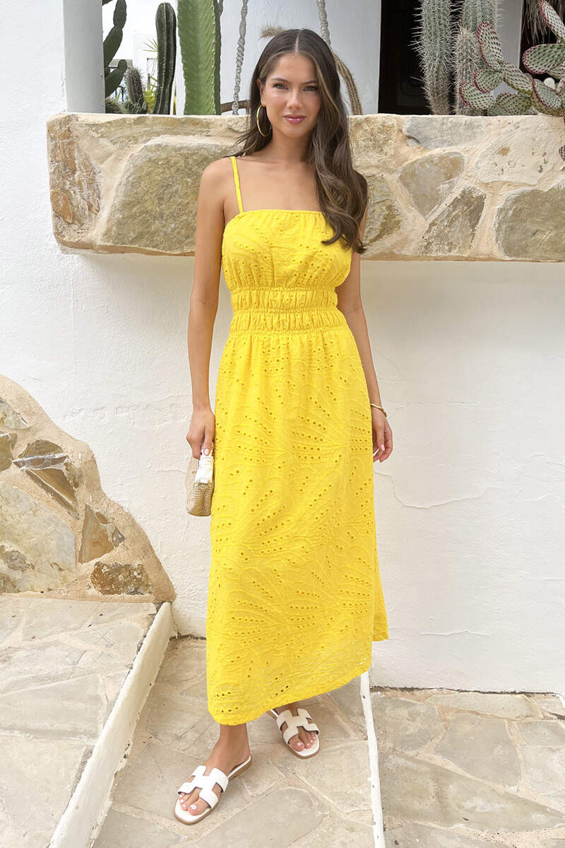 Yellow Broderie Strappy Shirred Waist Midi Dress