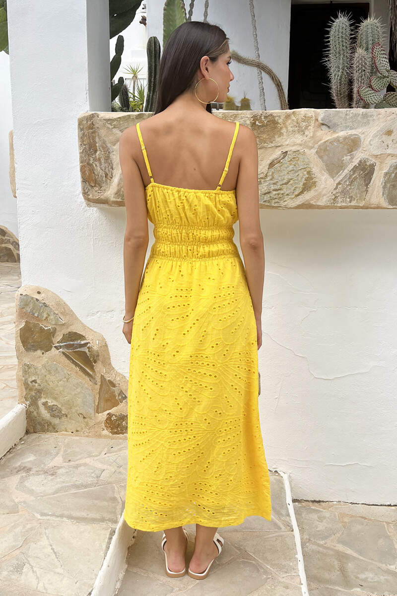 Yellow Broderie Strappy Shirred Waist Midi Dress - Image 5