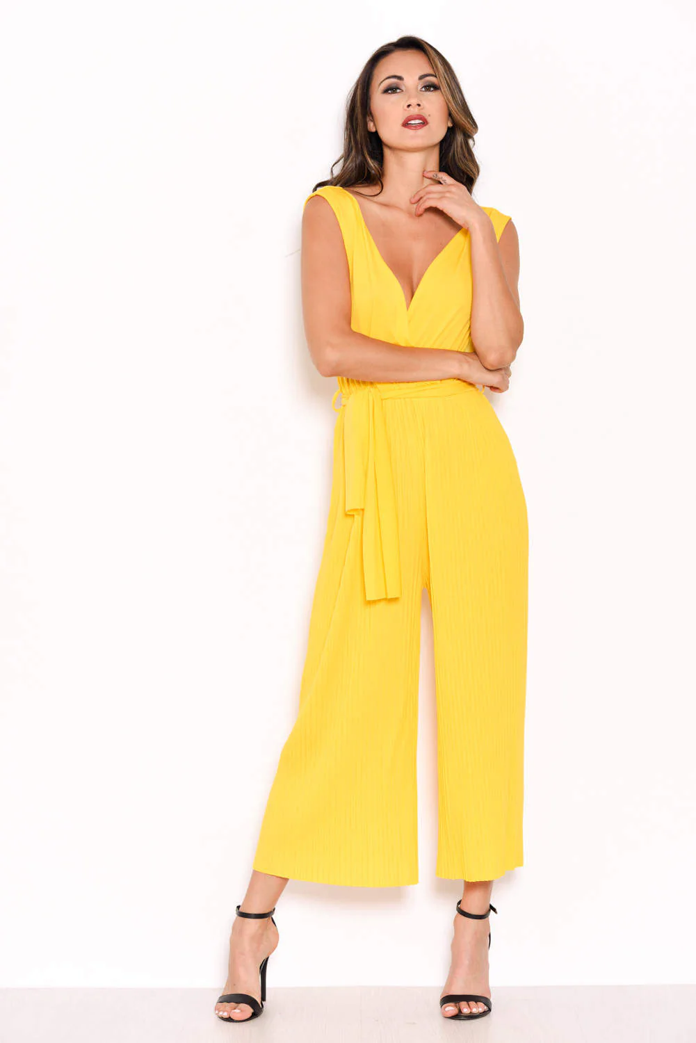 Yellow Culotte Pleated Tie-Waist Jumpsuit - Image 2