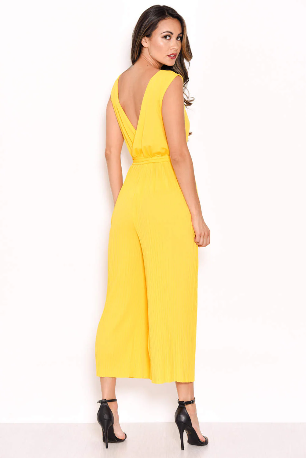 Yellow Culotte Pleated Tie-Waist Jumpsuit - Image 3