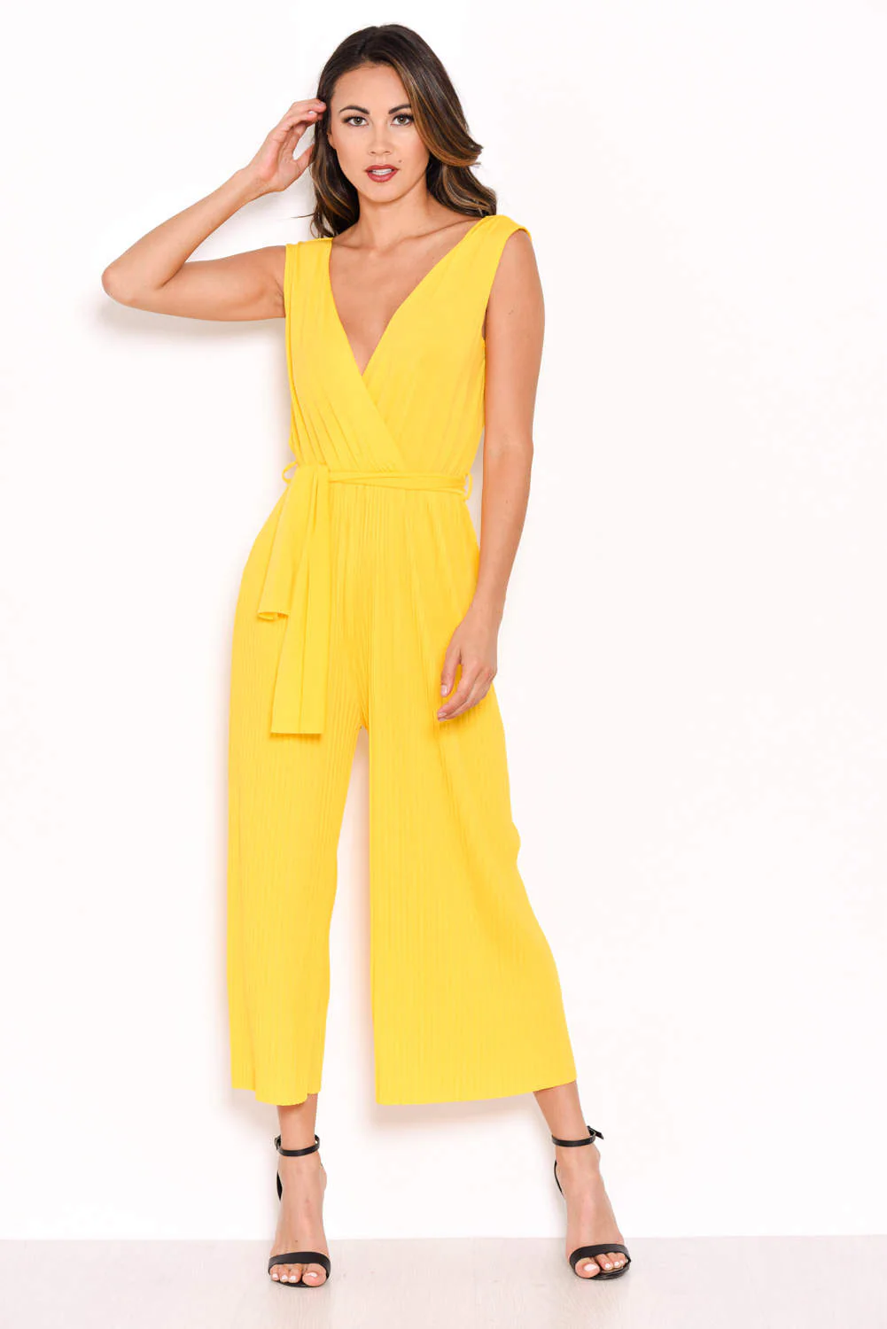 Yellow Culotte Pleated Tie-Waist Jumpsuit - Image 4