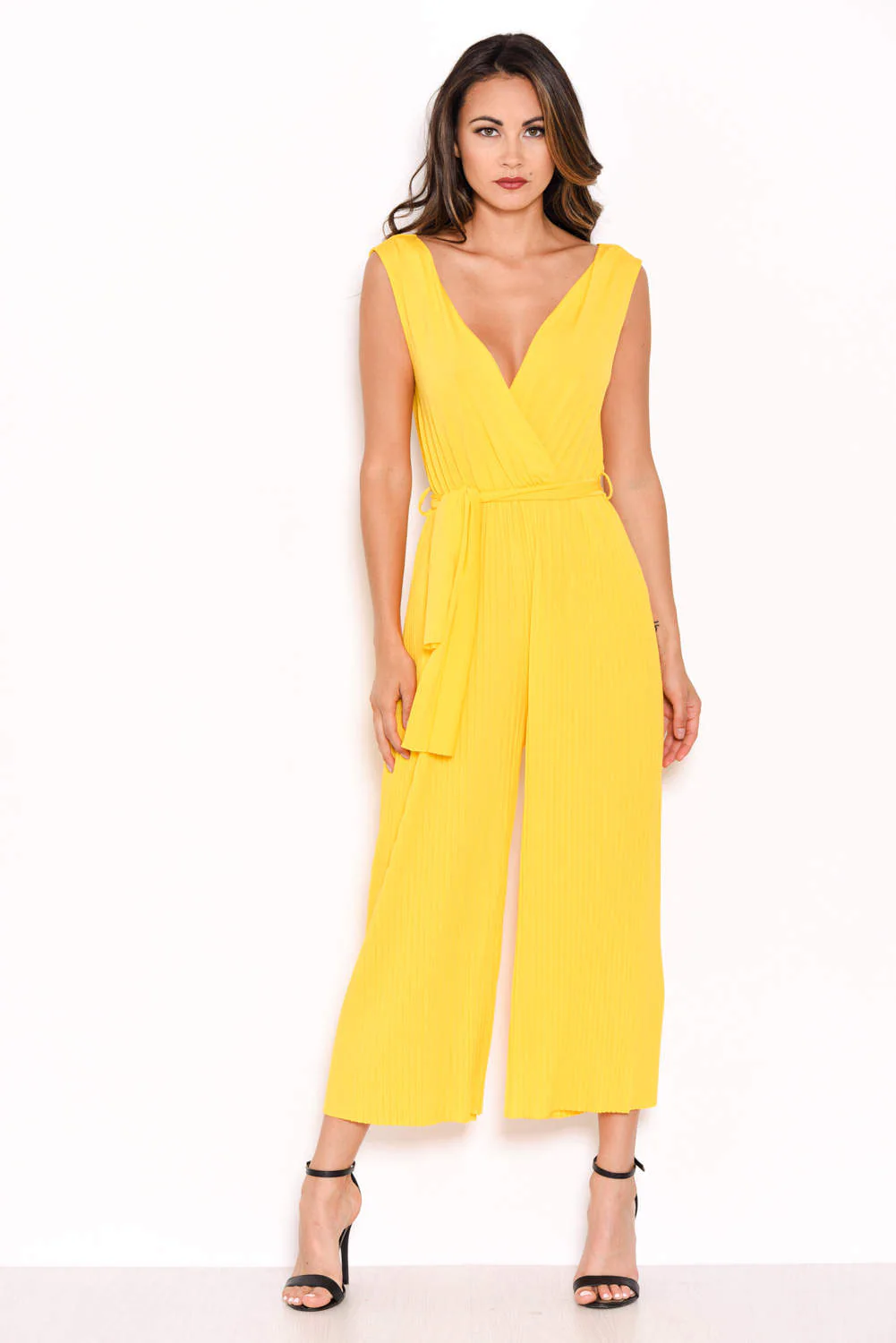 Yellow Culotte Pleated Tie-Waist Jumpsuit - Image 5