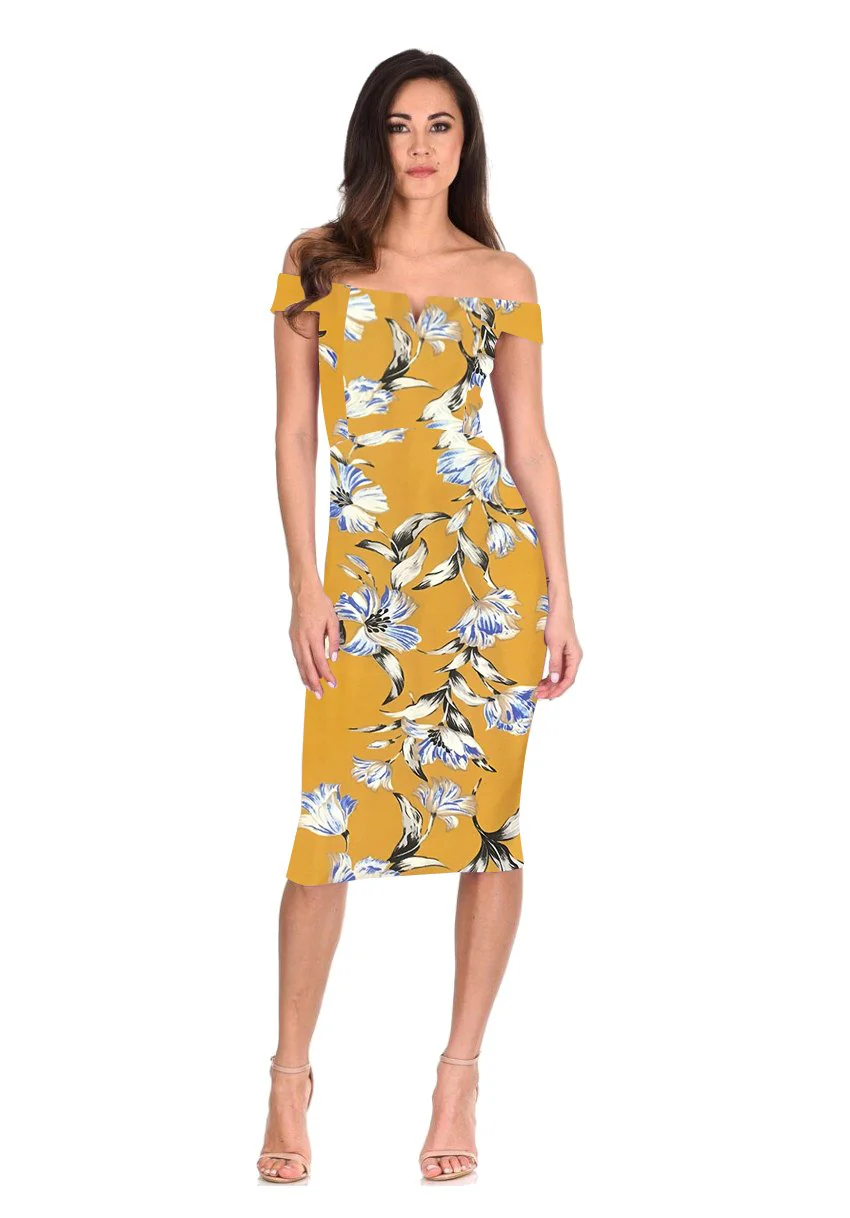 Yellow Floral Bardot Bodycon Dress - Image 2