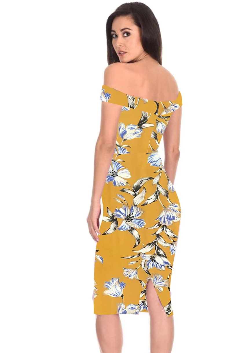 Yellow Floral Bardot Bodycon Dress - Image 3
