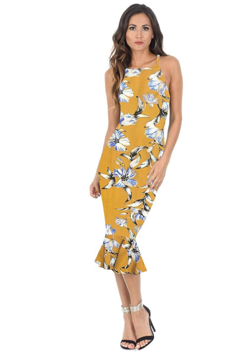 Yellow Floral Bodycon Midi Dress With Frill Hem - Image 2