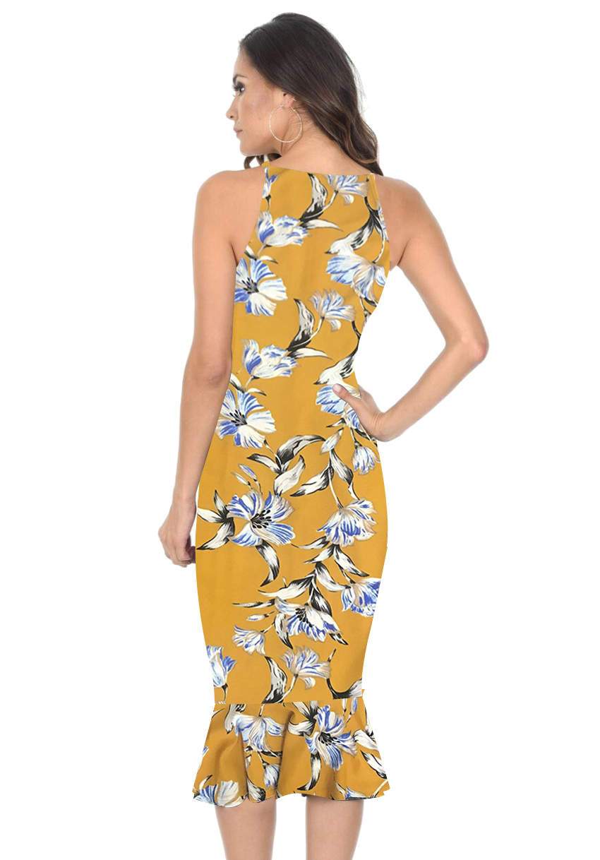 Yellow Floral Bodycon Midi Dress With Frill Hem - Image 3