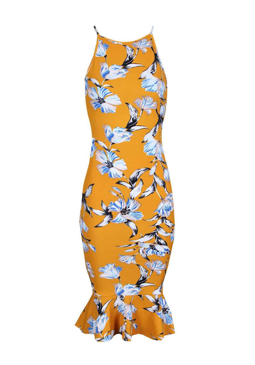 Yellow Floral Bodycon Midi Dress With Frill Hem - Image 4
