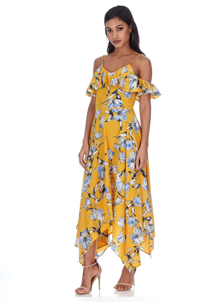 Yellow Floral Print Asymmetric Hem Dress - Image 2