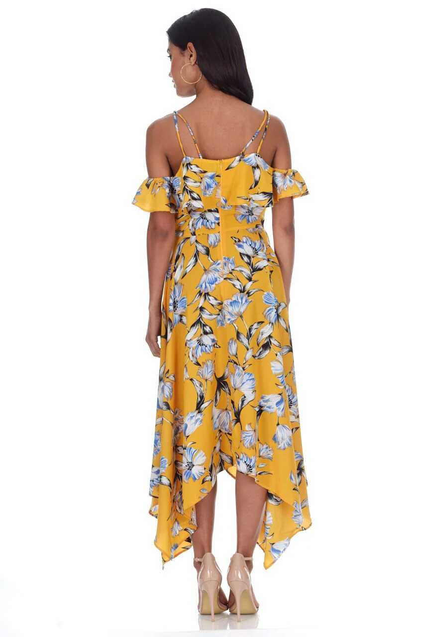 Yellow Floral Print Asymmetric Hem Dress - Image 3
