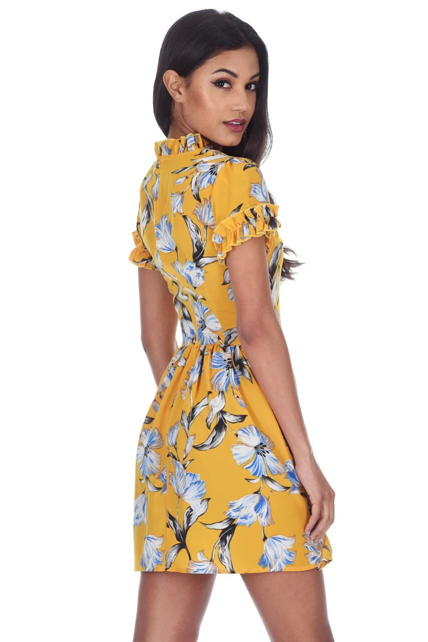Yellow Floral Print Frill Detail Mini Dress - Image 3
