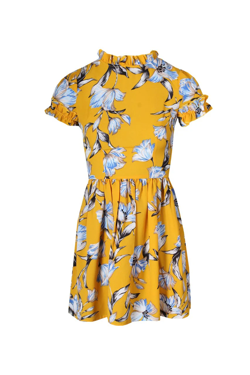 Yellow Floral Print Frill Detail Mini Dress - Image 4