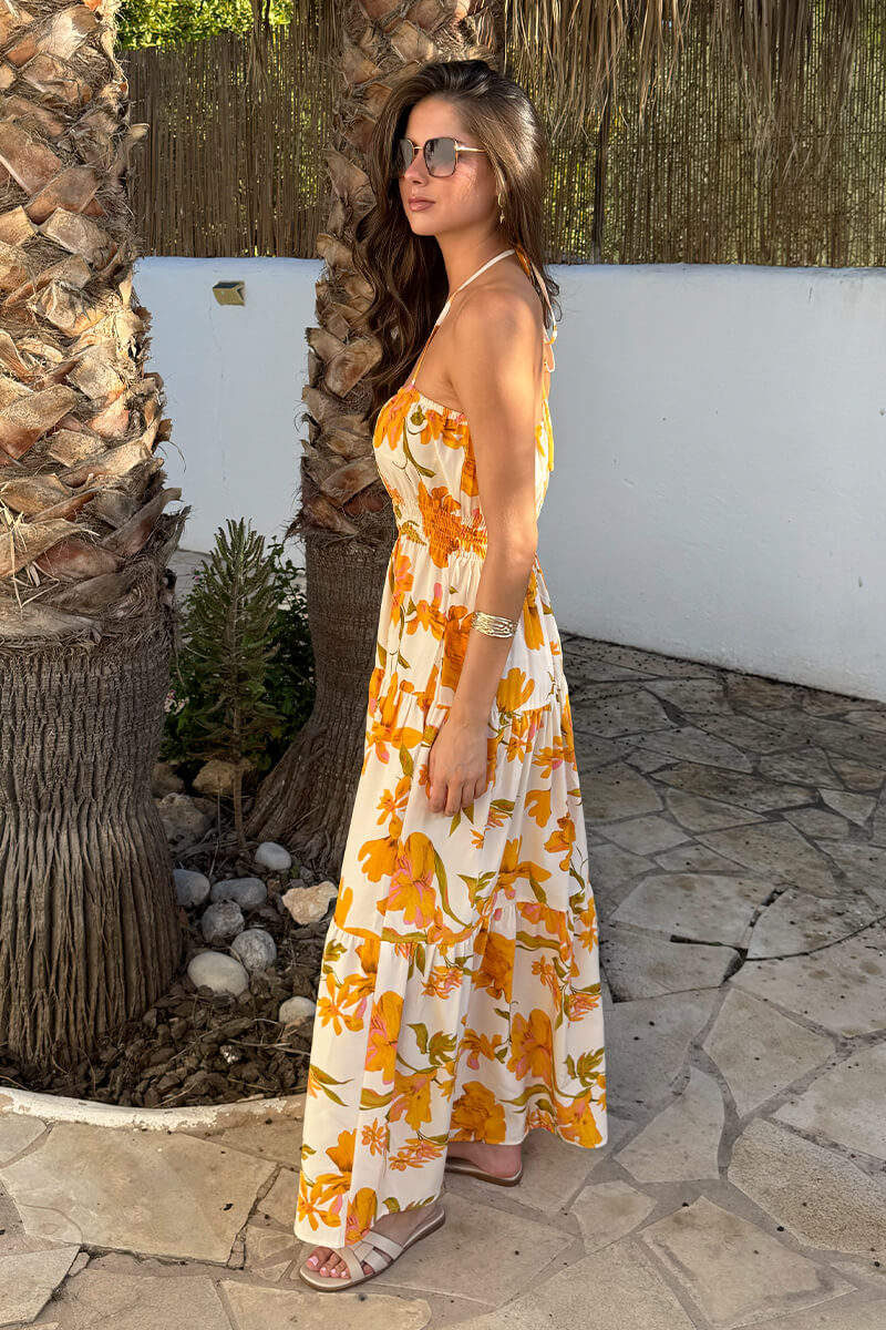 Yellow Floral Print Tie Neck Smock Midi Dress - Image 4