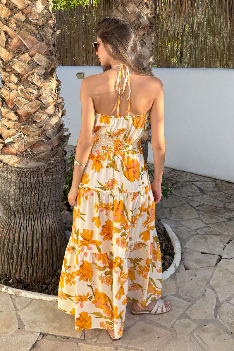 Yellow Floral Print Tie Neck Smock Midi Dress - Image 5
