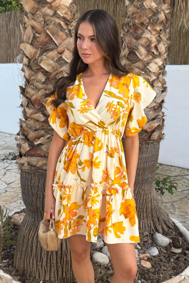 Yellow Floral Print Wrap Top Tiered Mini Dress - Image 3