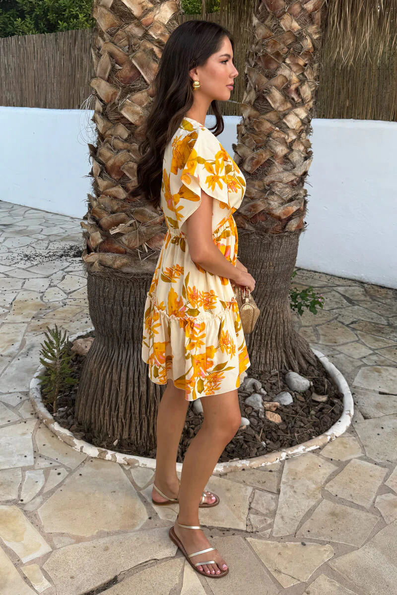 Yellow Floral Print Wrap Top Tiered Mini Dress - Image 4