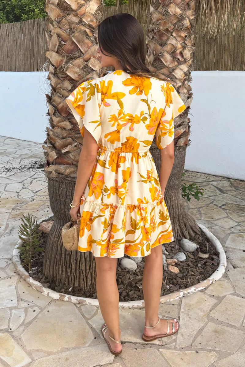 Yellow Floral Print Wrap Top Tiered Mini Dress - Image 5