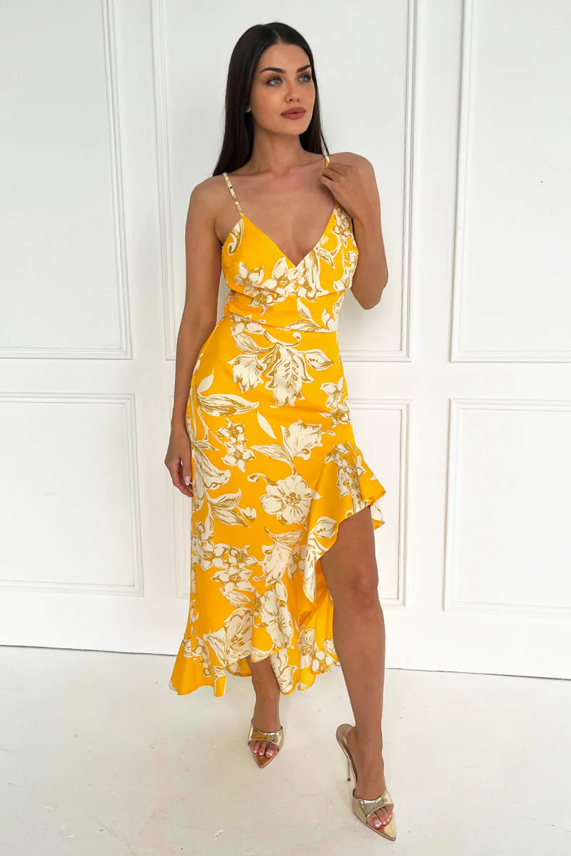 Yellow Floral Printed Strappy High Low Frill Hem Midi Dress - Image 2