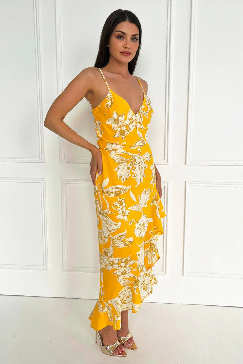 Yellow Floral Printed Strappy High Low Frill Hem Midi Dress - Image 3