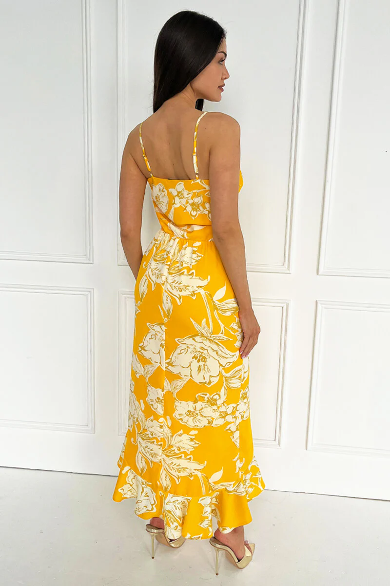 Yellow Floral Printed Strappy High Low Frill Hem Midi Dress - Image 5