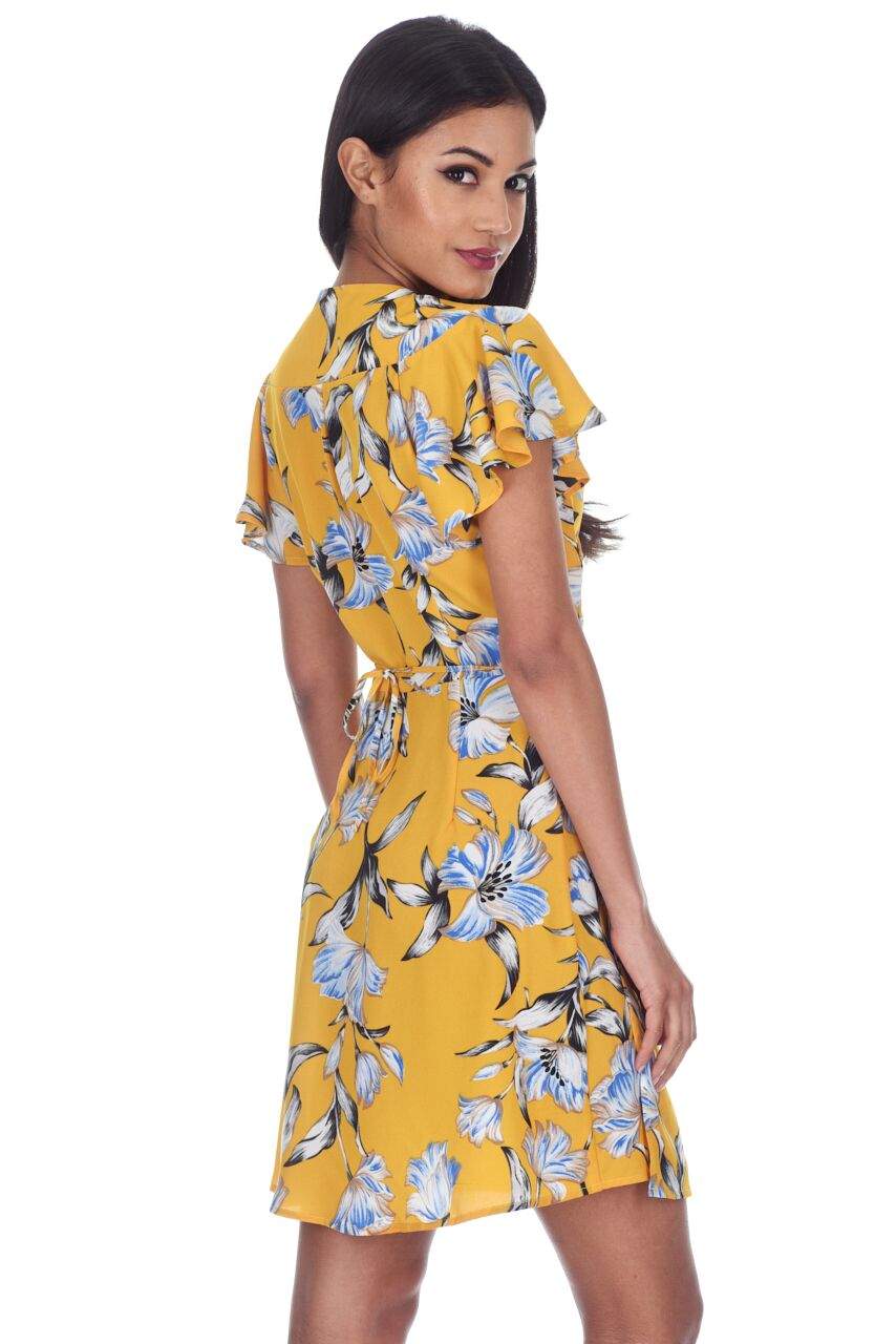 Yellow Floral Wrap Dress With Ruffled Sleeves - Image 3