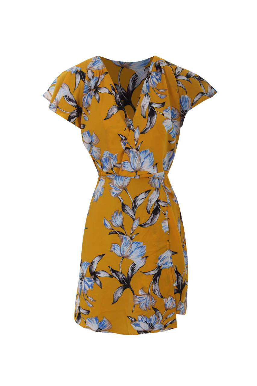 Yellow Floral Wrap Dress With Ruffled Sleeves - Image 4