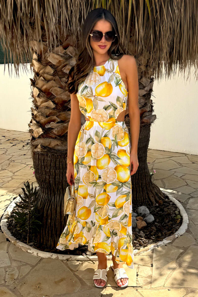 Yellow Lemon Print Waist Cut Out Frill Hem Midi Dress - Image 3