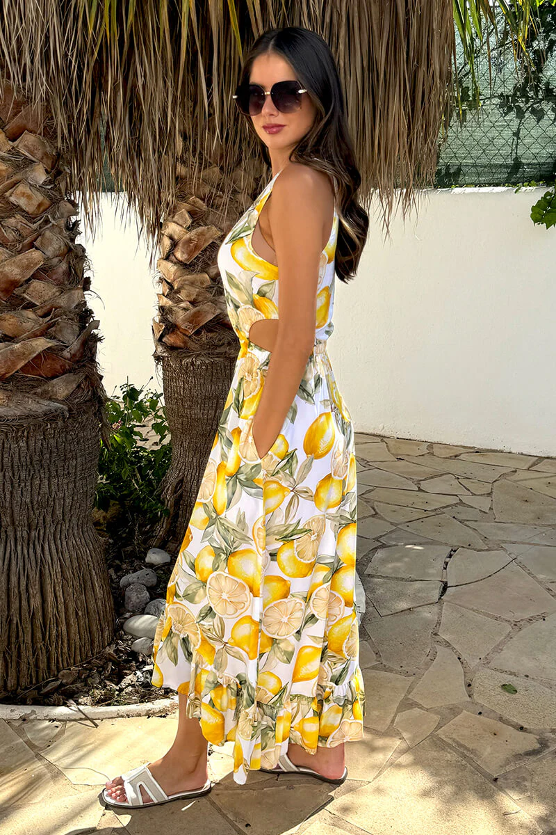 Yellow Lemon Print Waist Cut Out Frill Hem Midi Dress - Image 4