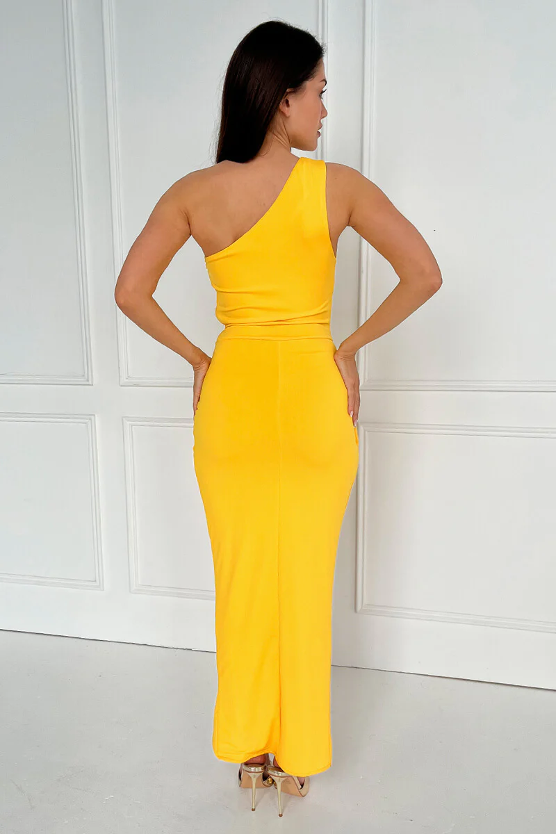 Yellow One Shoulder Wrap Draped Midi Dress - Image 3