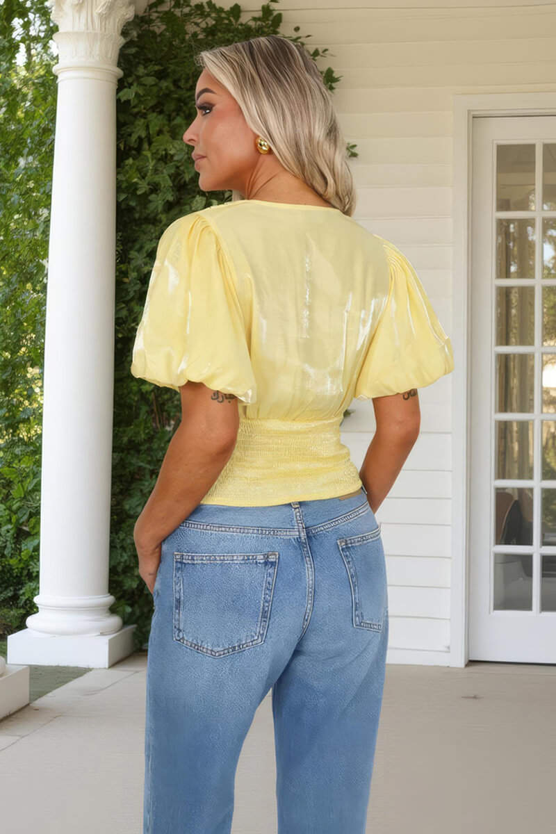 Yellow Puff Sleeve V-Neck Wrap Top - Image 4