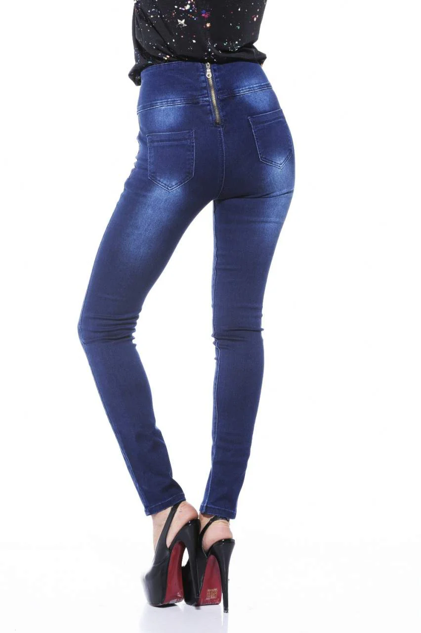 Zip High Waist Fitted Blue Jeans - Image 3